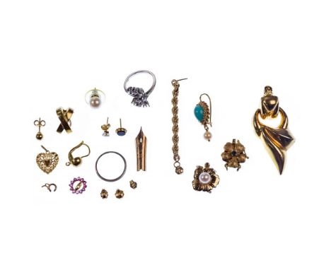 14k Gold Jewelry Part Assortment  Including single earrings, backers, necklace clasps, setting and pen nib; all marked '14k' 