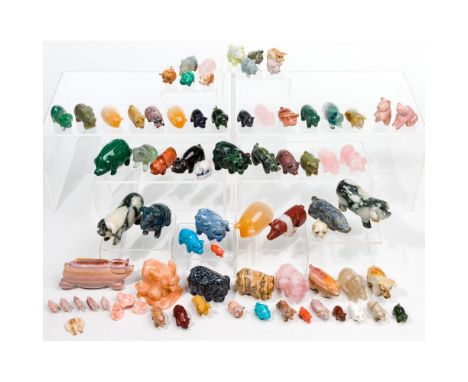 Pig Figurine Assortment  Approximately (70) carved figurines from stones including alabaster, rose quartz, agate, turquoise a