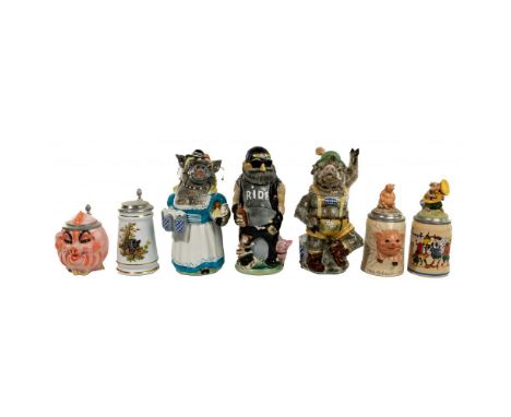 Pig Motif Beer Steins  (7) items including a 'Gurtz' having a pig in relief and a figural pig inlay lid; a 'Stahl' porcelain 