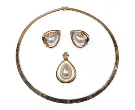 14k Yellow Gold, Pearl and Diamond Jewelry Suite  (3) items including a snake necklace, a pair of pierced earrings having a p