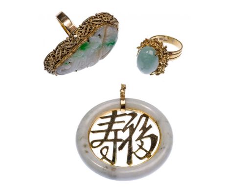 14k Yellow Gold, Sterling Silver and Jadeite Jade Jewelry Assortment  (3) items including a Bi pendant having a character cen