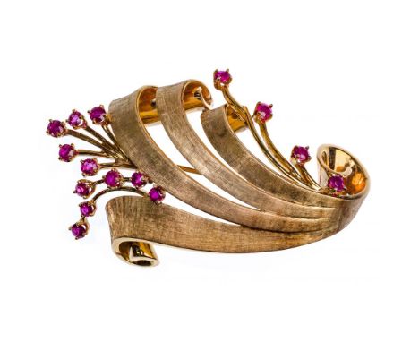 14k Yellow Gold and Ruby Brooch  Having a ribbon spray motif with (15) round cut rubies  Property from: a Buffalo Grove, Illi