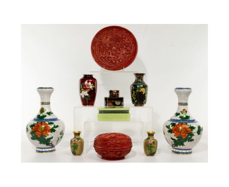 Asian Decorative Object Assortment  (11) items including (5) cloisonne urns having floral and geometric motifs, (2) lidded cl