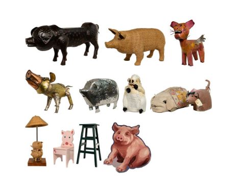 Pig-Themed Home Decor Assortment  (12) items including (4) metal sculptures, a chalkware bank, a wicker sculpture and lamp, a