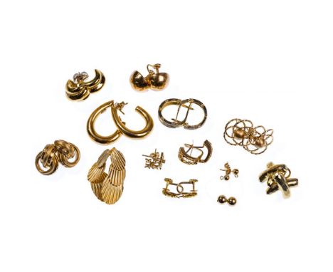 14k Yellow Gold Earring Assortment  (12) pairs of earrings including (11) pairs of pierced earrings and a pair of screw back;