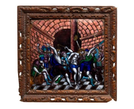 Limoges 'Scourging at the Pillar' Painted Enamel Plaque  Square panel having polychrome painting and gilt accents, depicting 