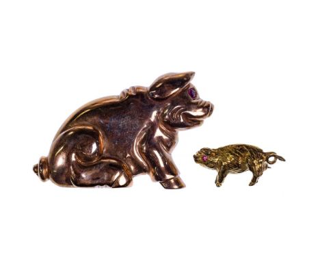 14k Gold Pig Pins  (2) items including a rose gold pig and a yellow gold pig; both having a gemstone eye ; both marked '14k' 