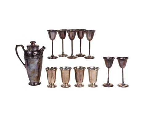 Sterling Silver Hollowware Assortment  (12) items including a cocktail shaker by Meriden Brittania, (4) C.D. Peacock footed c