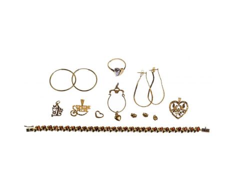 14k Yellow Gold Jewelry Assortment  (12) items including a tennis style bracelet having glass stones, a ring having a two-ton