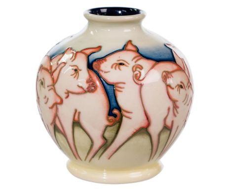 Moorcroft 'Fowler's Farmyard Pigs' Vase  2009, designed by Kerry Goodwin, motif including outlined pigs; maker mark and (2) a