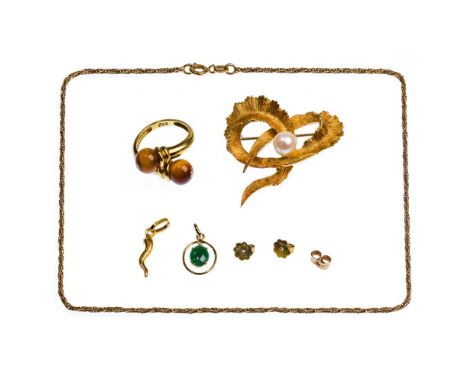 18k Yellow Gold Jewelry Assortment  (8) items including a brooch, ring, rope style necklace, pendant having green stone, Ital