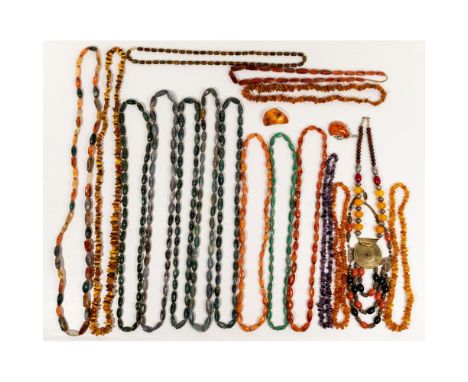 Amber, Gemstone and Glass Jewelry Assortment  Approximately (5) pounds including bead necklaces, an amber pin and pendant; be