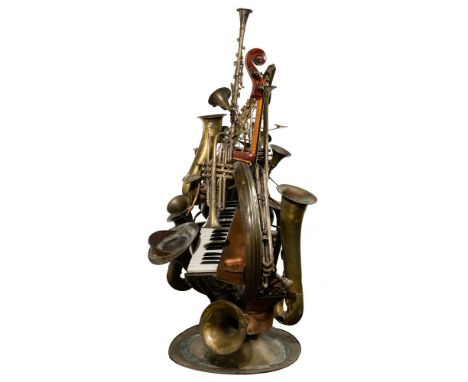 Robert Martin Sculptural Fountain  1984, signed on edge of piano, crafted with musical instruments, depicting a band playing 