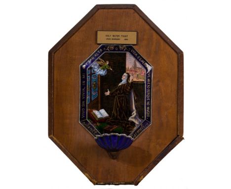 Limoges 'Holy Water Font' Painted Enamel  1886 by Louis Bourdery (1852-1901), initialed 'LB' lower right quadrant, signed and