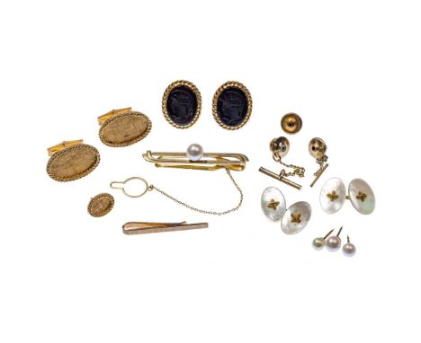 14k Gold Cufflink and Tietack Assortment  (9) items including (3) pairs of cufflinks with carved black onyx, mother of pearl 