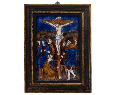 Limoges 'Crucifixion' Painted Enamel Plaque  Rectangular polychrome panel depicting the Crucifixion witnessed by Mary and dis
