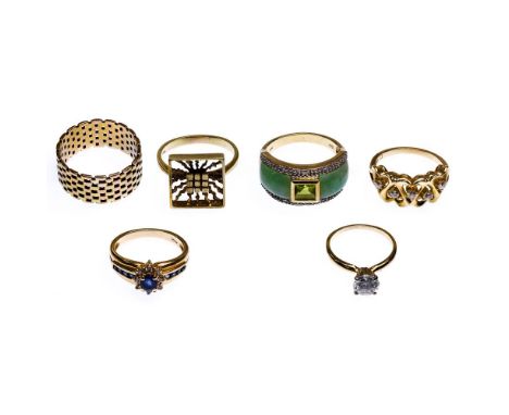 14k Yellow Gold Ring Assortment  (6) rings including (4) having various stones and (2) having pierced motifs, most marked '14