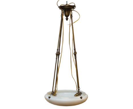 Brass and Etched Glass Shade Chandelier  Iridescent etched glass shade attached to (4) poles extending from a central cap  He