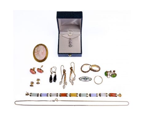 14k Gold Jewelry Assortment  (12) items including, in white gold, a pendant necklace having (3) round cut graduating cubic zi
