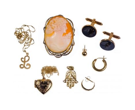 14k Yellow Gold Jewelry Assortment  (11) items including (3) earrings, (2) necklaces (2) pendants, pair of cufflinks, cameo a