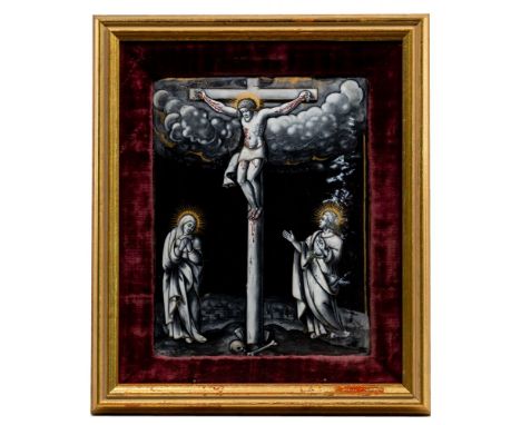 Limoges 'Crucifixion' Painted Enamel Plaque  Rectangular plaque painted en grisaille, having gilt highlights and red blood de