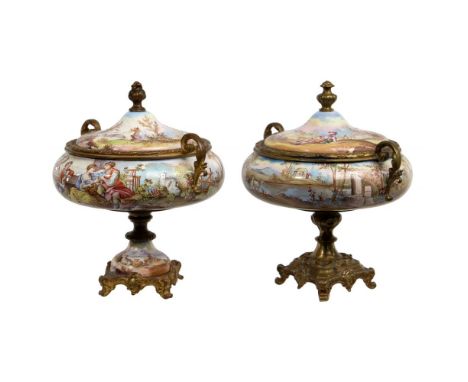 French Enamel Ormolu Mounted Urns  (2) polychrome painted Victorian items having a figure and landscape motif; lids opening t
