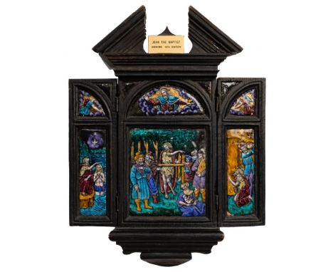 Limoges 'John the Baptist' Painted Enamel Triptych  Baroque-style hinged triptych having (6) polychrome painted panels depict