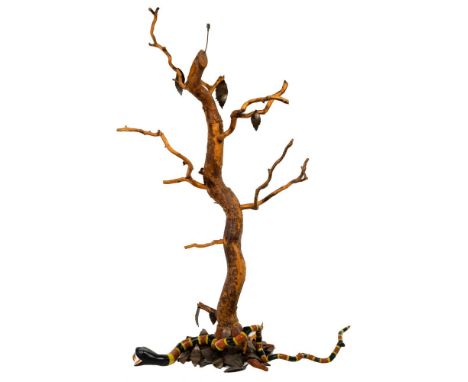 Tree Sculpture  Undated, unsigned, having trunk and branches made from natural wood, including colorfully painted snake, wood