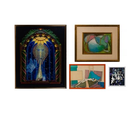 Mixed Artists Artwork Assortment  (4) items including F. F. Long (American, 20th century) 'Dream Watchers' reverse-painted ac