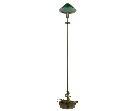 German (Attributed to) Holtkoetter Floor Lamp  Having a hand-blown green glass shade elevated on a cylindrical metal stand fl