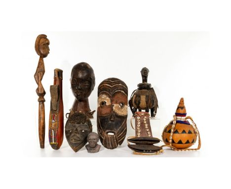 African Ethnographic Object Assortment  (9) 20th century items including an Ekoi skin-covered wood and basketry headdress cre