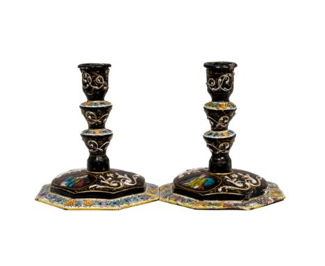 Limoges Renaissance-Style Hand Painted Enamel Candlesticks  Both having an octagonal base with oval cartouches of Cephise and