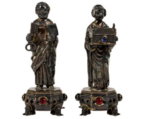 German Silver Saint Figurines  (2) items including depicting St Peter; and a figure holding a casket with semi-precious gemst