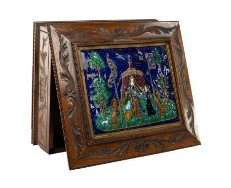 Limoges 'Lady and the Unicorn' Hand Painted Enamel Walnut Box  Hinged box with scroll motif, Limoges rectangular top insert d
