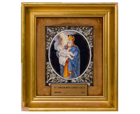 Limoges 'Saint Simeon and The Baby Jesus' Painted Enamel Plaque  Rectangular plaque having an oval cartouche depicting St. Si