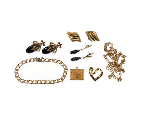 14k Yellow Gold Jewelry Assortment  (7) items including a necklace, bracelet, pendant, month charm and (3) pairs of pierced e