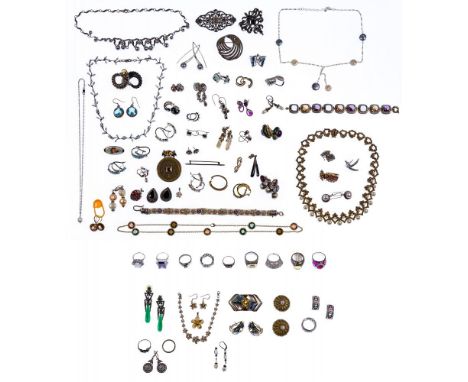 Sterling Silver Jewelry Assortment  (70) items having embellishments including gemstones, pearls, glass, enamel and marcasite