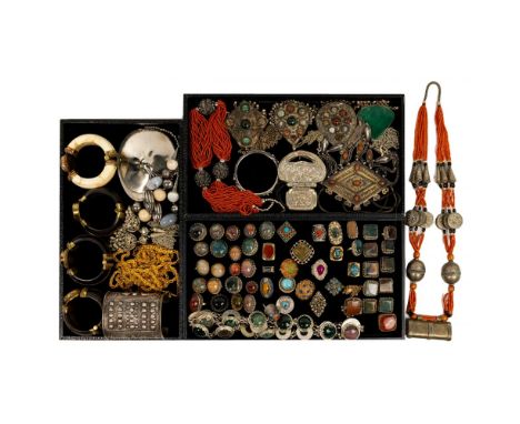 Bedouin Style Jewelry Assortment  (73) items including gold-tone and silver-tone rings, pendant and beaded necklaces, byzanti