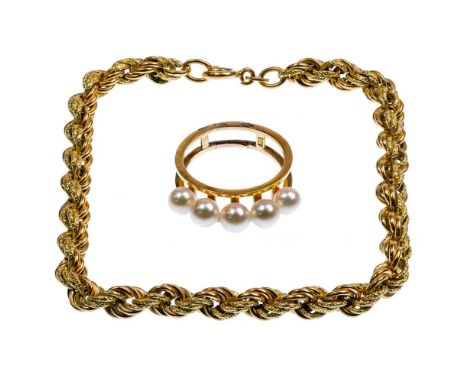 18k Yellow Gold and Pearl Ring and Twisted Rope Bracelet  (2) items including a double banded ring having (5) 5mm to 5.5mm gr