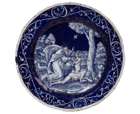 Limoges Enamel Hand Painted Plate  Polychrome over copper plate, depicting God blessing Eve while Adam is asleep, reverse dep