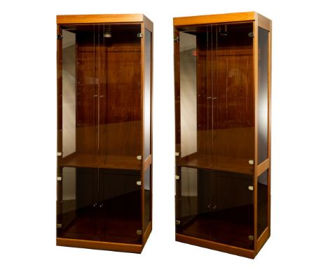 Wood and Glass Display Cabinets  Pair, having (2) glass doors over (2) glass door, doors having brass knobs and hinges; adjus