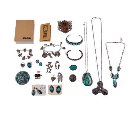 Native American Indian Sterling Silver Jewelry Assortment  (26) items including (5) brooches, (3) cuff bracelets, (2) link br