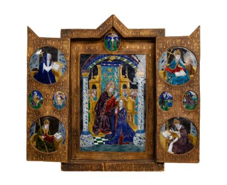 Limoges 'Coronation of Mary' Enamel Triptych  Gothic style leather covered hinge triptych having gold leaf embossing, a 19th 