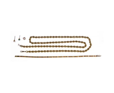 14k Yellow Gold Jewelry Assortment  (5) items including a twisted rope necklace, multi-color bracelet, pierced earring with r