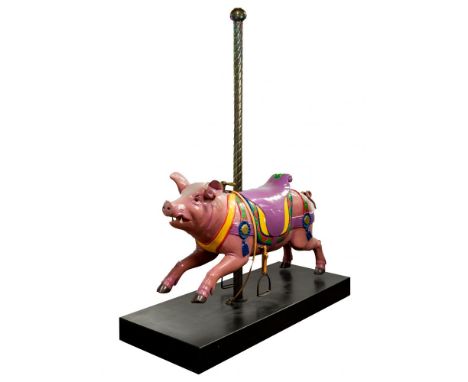 Carved Wood Carousel Pig  Carved and painted wood, having an iron tail and stirrups, brass hand grip; mounted on a hollow bra