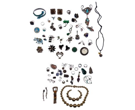 Sterling Silver Jewelry Assortment  (58) items including a Navajo slave bracelet by Harry B. Yazzie having a floral motif, re