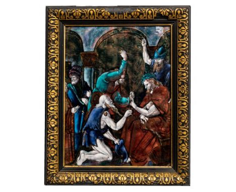 Limoges 'The Scourging of Christ' Painted Enamel Plaque  Rectangular polychrome painted panel depicting the scourging of Chri