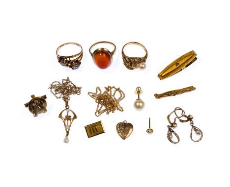 10k Gold Jewelry Assortment  (15) items including (2) necklaces, (2) pendants, (2) service pins, (3) rings having amber, pear