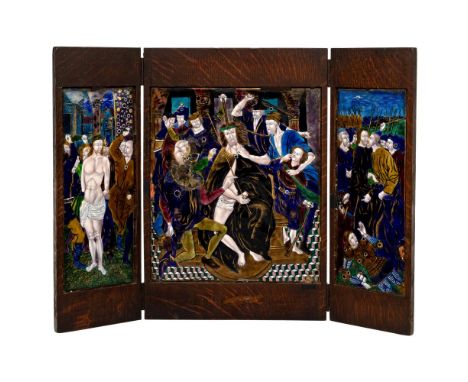 Limoges 'Passion of Christ' Painted Enamel Triptych  Initial signed 'EH' lower left of right panel, polychrome on copper; hav