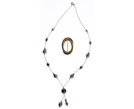 18k Gold Jewelry Assortment  (2) items including a cord necklace having Tahitian style pearls; and a brooch having interlocki